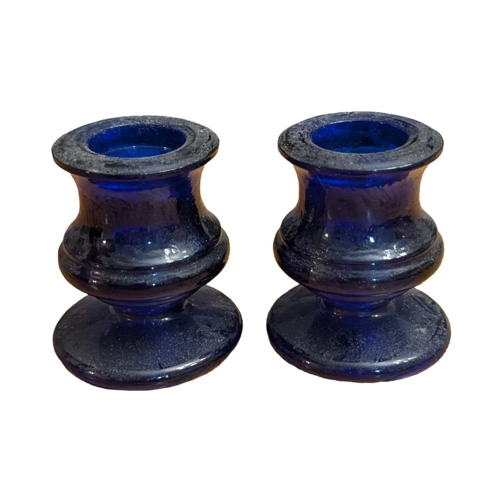 Vintage Pair Small Cobalt Blue Glass Taper Candlestick Holders 2.5" Royal - Picture 3 of 4